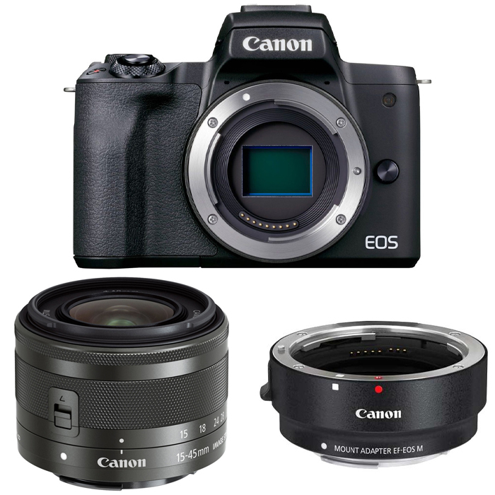 Canon EOS M50 Mark II czarny + ob. 15-45 F3.5-6.3 + adapter EF-EOS M - Dostawa GRATIS!