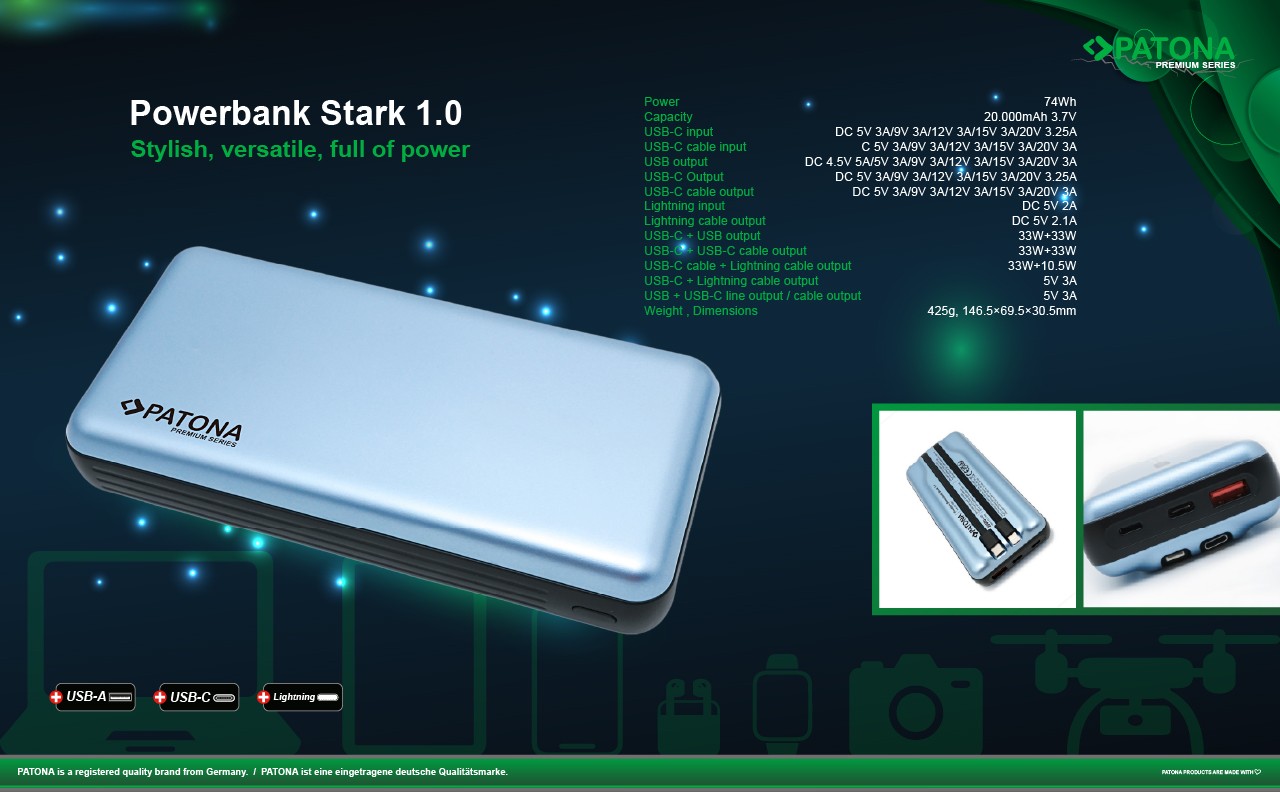 Patona Premium Powerbank Stark 1.0 PD65W 20.000mAh