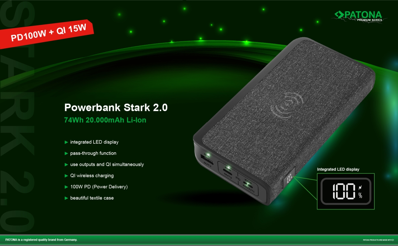 Patona Premium Powerbank Stark 2.0 PD 100W 20.000mAh z Qi 15W