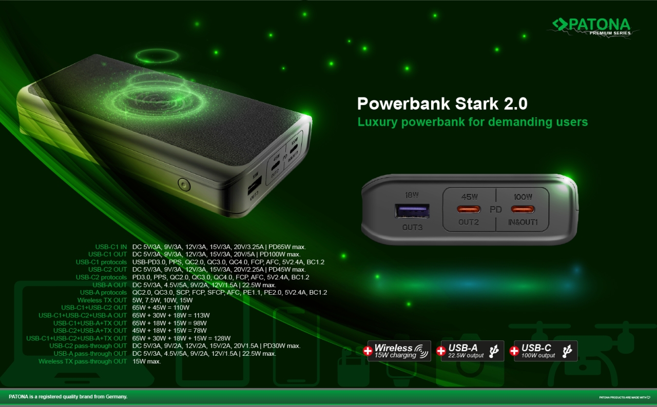 Patona Premium Powerbank Stark 2.0 PD 100W 20.000mAh z Qi 15W
