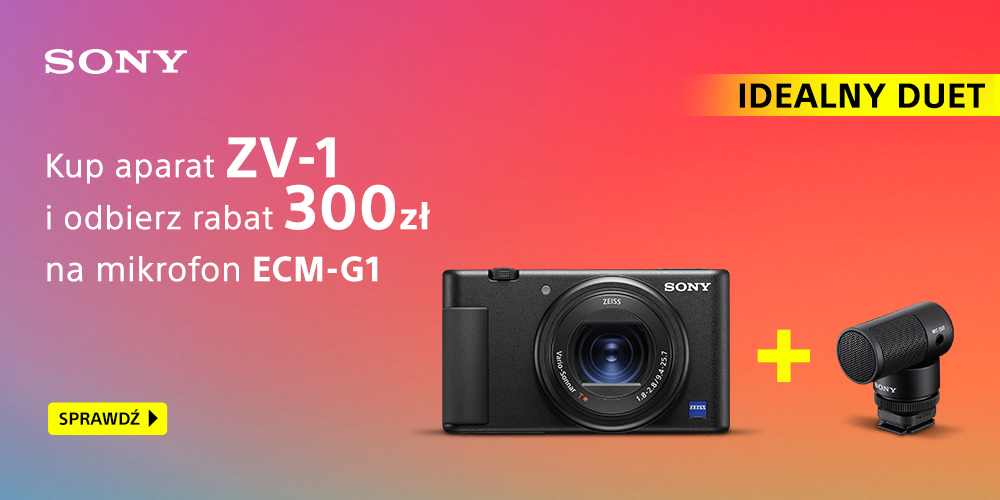 Kupując aparat Sony ZV-1 w zestawie z dedykowanym mikrofonem Sony ECM-G1 oszczędzisz 300 zl!